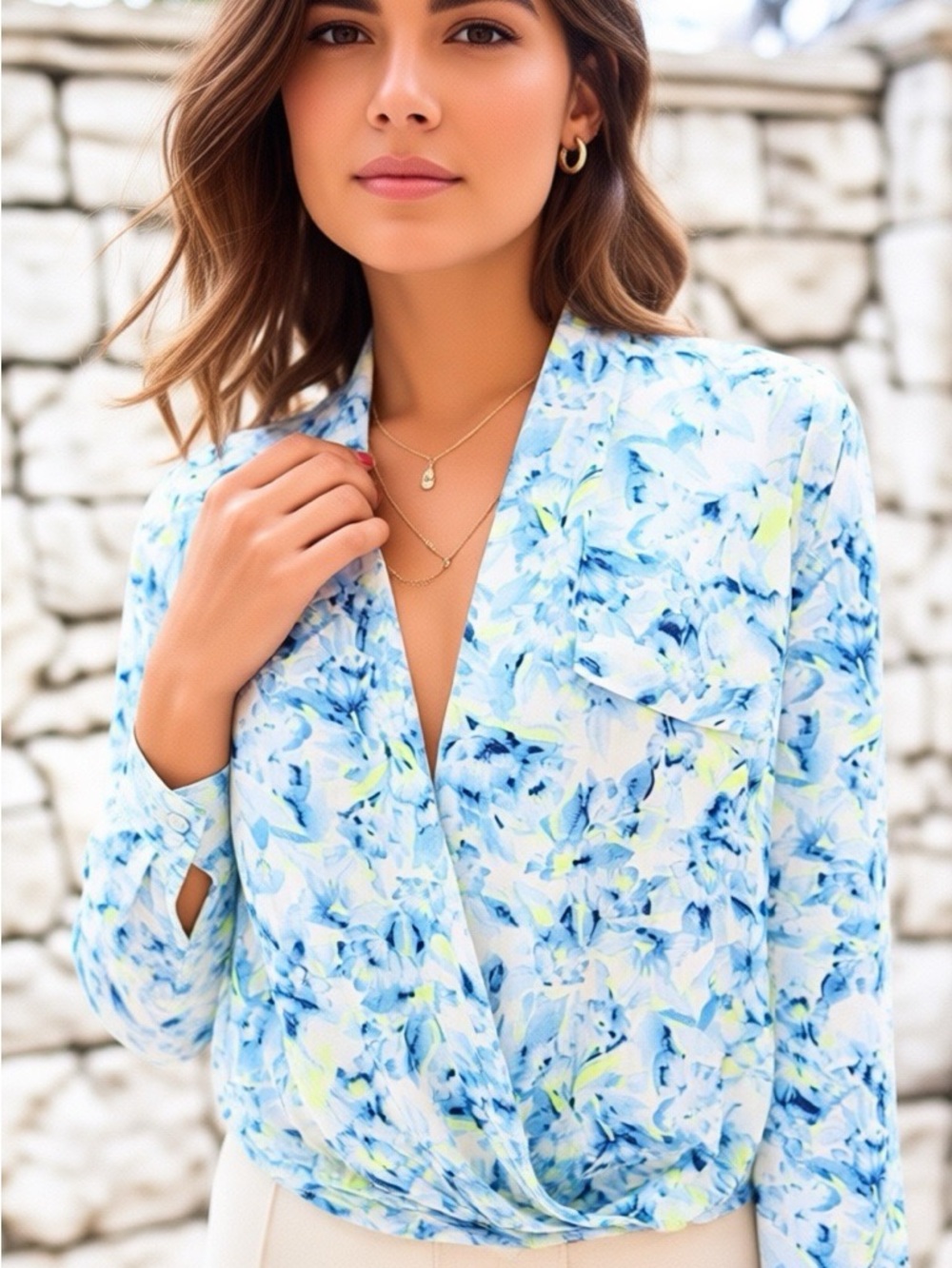 LOVERS+FRIENDS Blue Get Down Surplice Blouse Faux Wrap Long Sleeves Day To Night